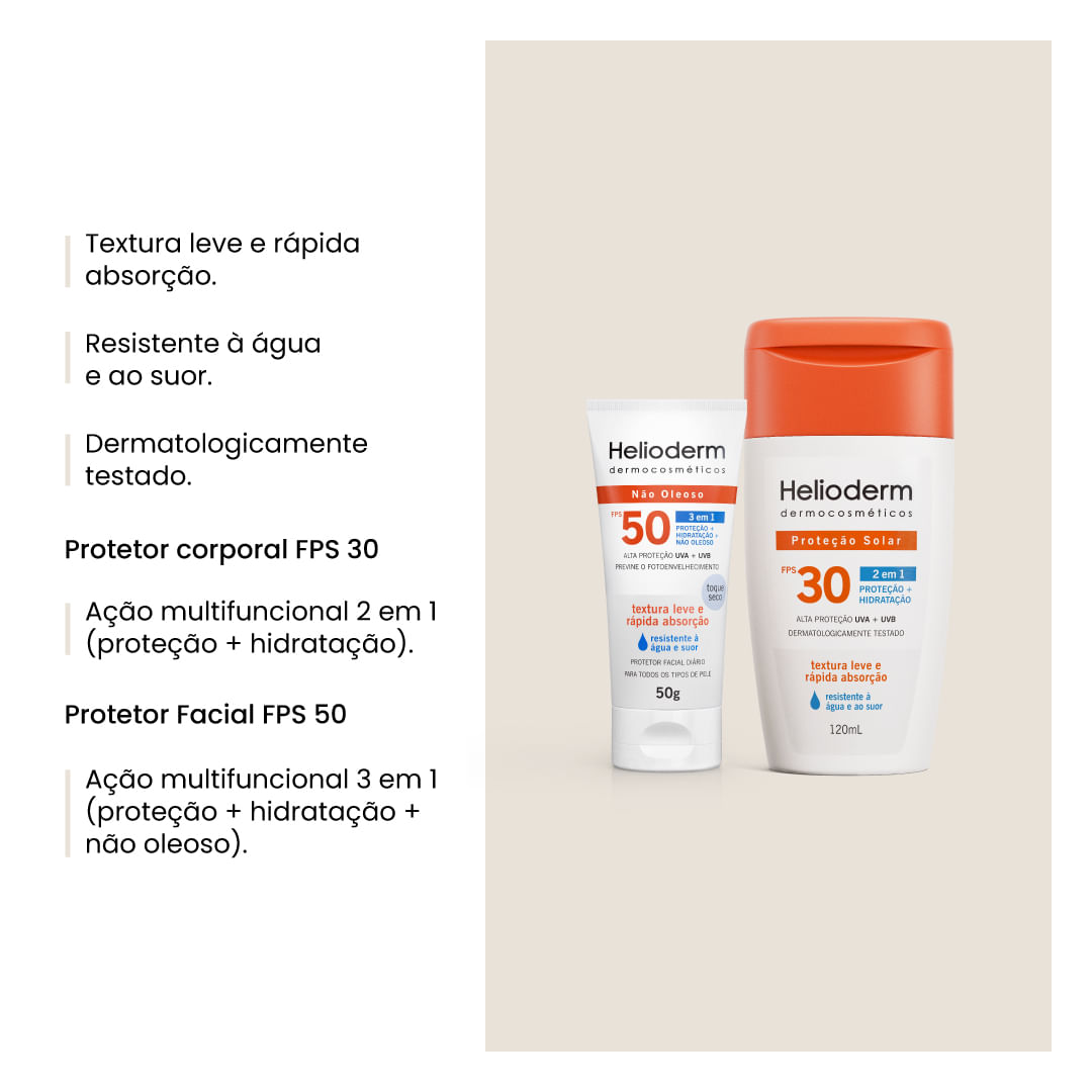 Kit Protetor Solar FPS 30 Corporal 120ml + Protetor Facial Toque Seco 50g FPS 50 Helioderm - Imagem 2